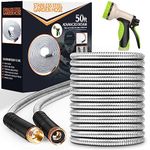 Garden Hose 50 ft, Stainless Steel Water Hose with 10 Function Nozzle Flexible, Heavy Duty, Lightweight, No-Kink, Pet Proof, Puncture Proof Hose Metal for Yard, Outdoor