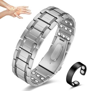 Vicmag Bracelet magnétique ajustable pour homme en titane pur 3 rangs avec outil d'ajustement et boîte cadeau pour une force exceptionnelle (titane pur argent)