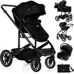 Baby 3 in 1 Travel System Pram with Car Seat Stroller 3 in 1 Buggy Pushchair Child Lightweight Folding Stroller Pram for Newborns Toddlers from Birth (Black Black Frame)