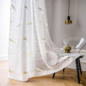 White Rod Pocket Sheer Curtains 104 inches Long Birds Embroidered Window Curtain Sheer Voile Panels for Living Room & Bedroom, Set of 2