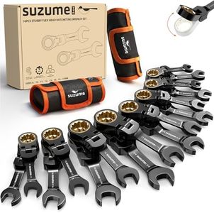 SUZUME Stubby Wrenches Set 16PCS Metric (8-17mm) & SAE (5/16” To 3/4”) 180° Flex Head Stubby Ratcheting Wrench Set Cr-V 90-Tooth for Tight Spaces & Motorcycle Repair with Rolling Pouch