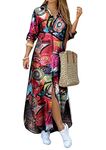 OMZIN Women's Long Sleeve Maxi Vintage Dress Loose Floral Printed Shirt Dresses Plus Size Graffiti Red 3XL