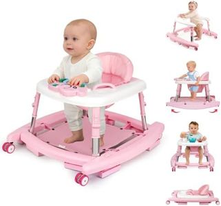 Tickeagle 5-in-1 Baby Walker for Boys and Girls Music and Lights 6-18 Month, Foldable Baby Walkers with 5 Adjustable Heights, Infant Toddler Walker with Wheels and Combo Portable(Pink)