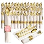 50 Pre Rolled Gold Plastic Silverware - 200pc Set, Service for 50 - Wrapped Disposable Silverware Set with Forks, Knives, Spoons, White Napkins - Fancy Decorative Flatware for Dinner, Party, Wedding
