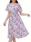 GRACE KARIN Women’s V-Neck Ruffle Sleeeve Summer Casual Dresses Blue Floral A-Line Smocked Pleated Floral Beach Dresses Elegant Cottagecore Dress L Size 18