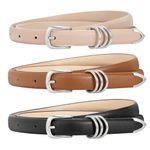 WERFORU 3 Pack Women Skinny Leather Belt for Dress Jeans, Fashion Thin Belt with Gold Buckle(Black+Brown+Beige-Silver,39.4"Length, Fit Waist Size 26"-30")