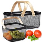 Cheardia 2 Pack Picnic Baskets, Metal Mesh Harvest Basket with Foldable Wooden Handle, Rectangle Garden Storage Basket Bin for Vegetable Fruit Garden Kitchen Cabinet Picking Gathering, Black