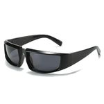 HUVORA Retro Wraparound Rectangular Y2K Mirrored Sunglasses For Men & Women | UV Protected | Sleek Design | Free Size (Black Black)