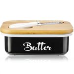 Butter Dish with Lid and Knife,Metal Butter Dishes with Woonden Lid and Multi-Functional Butter Knife of Stainless Steel,Butter Container with High Quality Silicone Seal,Black 3.5*5.5*2in