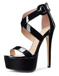 NobleOnly Women's Platform Sandal Open-Toe Cross Ankle-Strap Stilettos 6IN High Heels Black Patent Shoes UK7