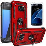 STARSHOP Samsung Galaxy S7 Phone Case, with [Tempered Glass Screen Protector Included], Military Grade Shockproof Drop Protection Ring Kickstand Protective Phone Cover - Red