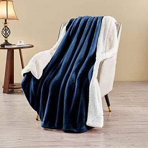 LINENOVA Sherpa Fleece Blanket for Bed, Super Soft Fleece Plush Sofa Couch Throw Blanket, Comfy Cozy Fluffy Warm Comforter (Navy, 220x240cm)