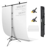 EMART White Background with Stand, 1.5x2.0m(5x7ft) White Backdrop with 1.5x 2.6m(5x 8.5ft) T-Shape Backdrop Support, Photography Studio Kit for Photoshoot Photo Video Recording Party