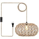 Coastal Large Woven Plug in Pendant Light with 14ft Handmade Woven Light Cord, Rustic Handmade Hemp Rope Hanging Lamp for Bedroom Kitchen Island Dining Room Living Room Farmhouse,17.8 inch Width