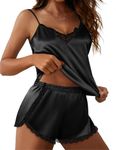 Ekouaer Satin Pajamas Shorts Sets Womens Silk Sleepwear 2 Piece Cami Shorts Cami Lingerie Lace Pjs Black