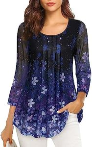 VALOLIA Women's 3/4 Sleeve Tunic Tops Casual Loose Fit Floral Blouses Mesh Pleated Layered Shirt, Violet Sakura, XX-Large