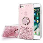 DEFBSC Case for iPhone SE 2022/2020, iPhone 7/8 with Ring, Glitter Sequin Clear Back Cover with 360° Rotation Ring Holder Kickstand,Soft TPU Bumper Phone Case Slim Transparent Sequin Back Case- Pink