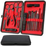 Mumoo Bear Manicure Set, Pedicure Kit 19 in 1 Nail cutter Stainless Steel Professional Grooming Kit Fingernails Scissors Toenails clippers Nail Tools with black&red Leather Travel Case