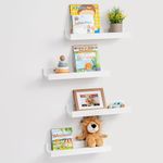 Fun Memories White Picture Ledge Shelves Set of 4, Wooden Kids Nursery Bookshelf 16 Inch, Floating Picture Shelves for Wall with Lip, Solid Wood Photo Ledge Shelves for Bedroom, Living Room, Office