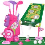 Liberry Toddler Golf Set for 2 3 4 5 Years Old Girls Boys, Upgraded Kids Golf Cart with Golf Cornhole Board & Putting Mat, Indoor and Outdoor Golf Toys Birthday Gift, Pink