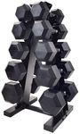 PRISP Hex Dumbbells Weight Sets - Cast Iron Hand Weights with Rubber Grip and Vertical Dumbbell Rack; for Home Gym, Exercise and Fitness