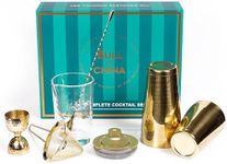 Shaken & Stirred Cocktail Set by Bull in China - Premium Bartender Gift Set w/ 2 Piece Weighted Shaker, Hammered Jigger, Hawthorne Strainer, Fine Mesh Strainer, Mixing Glass & Barspoon (Gold)