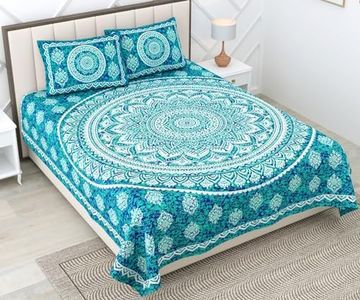 RajasthaniKart 144 TC Pure 100% Cotton Double Bed Sheet with 2 Pillow Covers (Bedsheet for Double Bed Cotton, Green Star Jaipuri, King Size,5298)