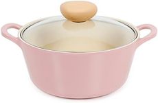 Neoflam Retro 3qt Non-Stick Ceramic Coated Stockpot with Integrated Steam Vent, Silicone Hot Handle Holder Included, Saute Pot, Casserole, Dutch Oven, 3-QT w/Glass Lid, Pink