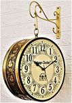 Vintage Clock Handcrafted Double Sided Railway Style Iron Wall Clock, 10x10 Inch, Brass Colour