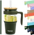 Tronco 32oz Glass Tumbler with Handle, Glass Tumbler with Straw and Bamboo Lid, Glass Water Bottles Fit in Cup Holder, Iced Coffee Cup, Smoothie Cup, BPA Free, Dishwasher Safe (Olive)