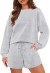 MEROKEETY Women's 2 Piece Outfits Short Sweatsuits Long Sleeve Sweatshirt Sweat Tracksuit Lounge Sets, LightGrey, Medium