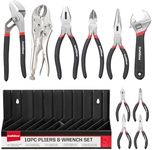 10PC Pliers and Wrench Set with Storage Rack – Includes Locking | Long Nose | Diagonal Cutter | Groove Joint | Linesman & Mini Plier ，High-Quality Carbon Steel Tool Kit for DIY and Home a Gift for Man
