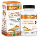 Renew Actives Turmeric Curcumin with Black Pepper for Maximum absorption - Supports Joint Relief & Mobility. Promotes Healthy Digestion & Liver Health - 120 Easy to Swallow Capsules. Made in Canada