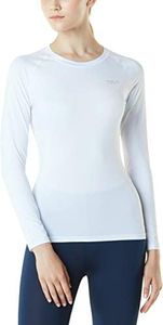 TSLA Women's Sports Compression Shirt, Cool Dry Fit Long Sleeve Workout Tops, Athletic Exercise Gym Yoga Round Neck Shirts TM-FUD01-WHT_Large