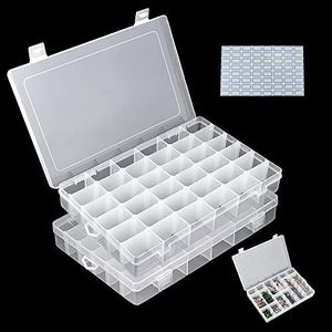 GZkedu Lot de 2 boîtes de rangement 36 compartiments réglables pour petites pièces en plastique avec étiquette pour perles à bijoux et autres petits articles