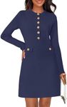 MEROKEETY Women's Long Sleeve Bodycon Sweater Dress Button Crew Neck Elegant Formal Mini Dresses, Navy, Medium