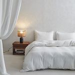 Simple&Opulence Linen Blend Duvet Cover with Pom Pom Trim Farmhouse Flax Bedding Set - 1 Boho Comforter Cover and 2 Pillowshams - King, White