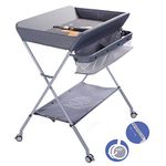 EGREE Baby Changing Table Portable Folding Diaper Changing Station with Wheels, Adjustable Height Mobile Nursery Organizer with Safety Belt and Large Storage Racks for Newborn Baby and Infant, Gray