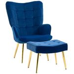 HOMCOM Modern Armchair with Footstool, Upholstered Accent Chair with Ottoman, Steel Legs, Velvet Wingback Chair for Living Room, Bedroom, Home Study, Dark Blue