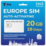 TSIM Europe Prepaid SIM Card 28 Day with Callhome | 20GB 5G/4G Speed Data | Unlimited Local + 100 Canada Minutes | Use in The UK, Switzerland, Turkey & 30+ EU Countries | Plug & Go – Auto Activating!