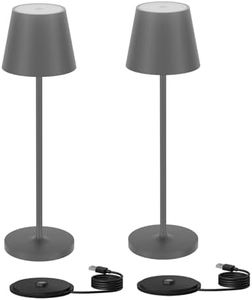 Klighten 2 Pezzi Lampada LED Dimmerabile da Tavolo, Ricaricabile Luce calda 3000K Lampada da Scrivania in Alluminio, H38cm, Grigio Scuro, IP54, con Base di Ricarica Contatt, per Interni/Esterni