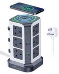 Tower Extension Lead with Wireless Charger,[13A 3250W] Surge Protector,12 AC Outlets & 6 USB Ports Multi Plug Socket Power Strip with Heavy-Duty Extension Cable 2m Gray