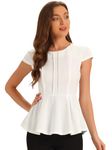 Allegra K Women's Elegant Round Neck Solid Color Workwear Cap Sleeve Peplum Blouse Top White Large