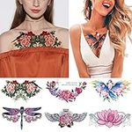 Glaryyears Watercolor Temporary Tattoos for Women Girls Adults, Sexy Fake Long Lasting Tattoo Stickers that look real, 6 Pack Large Bird Flower Dragonfly Tramp Stamp on Body Chest Underboob Waist