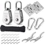 TooTaci Crane Pulley Block M20 Lifting Crane Swivel Hook Single Hanging Wire Towing Wheel 304 Stainless Steel with Nylon Pulley Line rope & Carabiner, Oblong Eye Pad Plate, Cleat Hooks