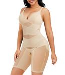 Junlan Shapewear Bodysuit for Women V Neck Butt Lifter Full Body Shaper Tummy Control Thigh Slimmer Shorts Seamless Jumpsuit One Piece (Beige,L)