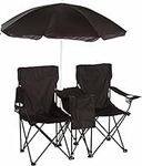 Trademark Innovations Double Folding Camp and Beach Chair with Removable Umbrella and Cooler (Black)