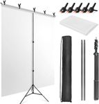 JEBUTU White Backdrop with Stand 1.5 x 2M (5 x 6.5FT), Portable White Photography Backdrop Stand with T-Shape Stand, 5 Clamps & Carry Bag for Portrait, Video, Shooting, Photoshoot, Studio, Streaming