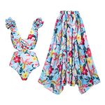 FYMNSI Swimming Costume Women Swimsuit with Matching Sarong Two Piece Swimsuits Tummy Control One-Piece Monokini V-Neck Padded Push Up Floral Print Elastic Waist Chiffon Ruffle Skirt Swimwear Blue S