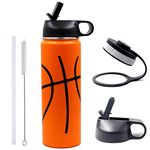 22 oz Basketball Water Bottle, Metal Thermo Bottle with 2 Lids 18/8 Stainless Steel Tumbler Double Wall Vacuum Insulated Flask for Gym, Travel, Sports (22oz, Basketball)